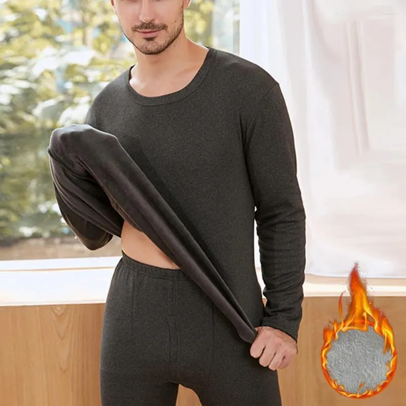 Men's Thermal Underwear Autumn Winter Mens Elastic O Neck Fleece Lined Long Johns Warm Set Keep Leggins Shirts Top Clothes