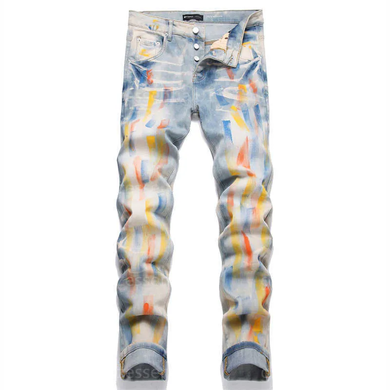 Calças de brim roxas designer para homem calças jeans mens jean skinny hip hop spray pintura moda streetwear corredores calça marca calças de perna reta preto hebg gh0c