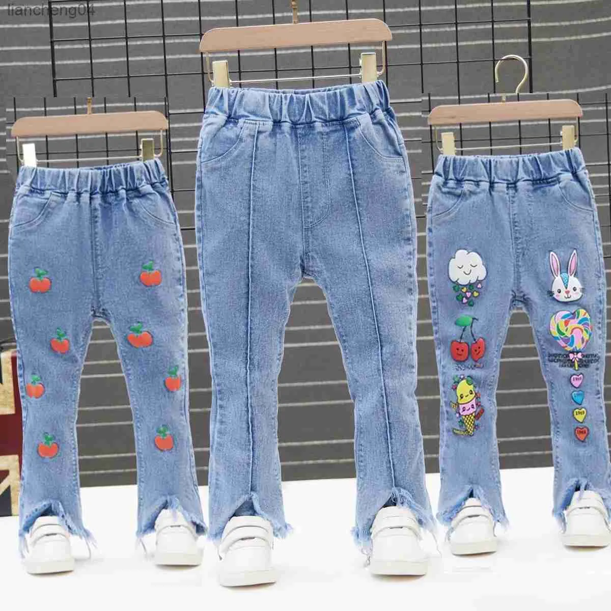 Jeans enfants filles Denim jean pantalon printemps automne pantalon ceinture élastique gland ourlet cloche-bas Style pantalons longs 90-130