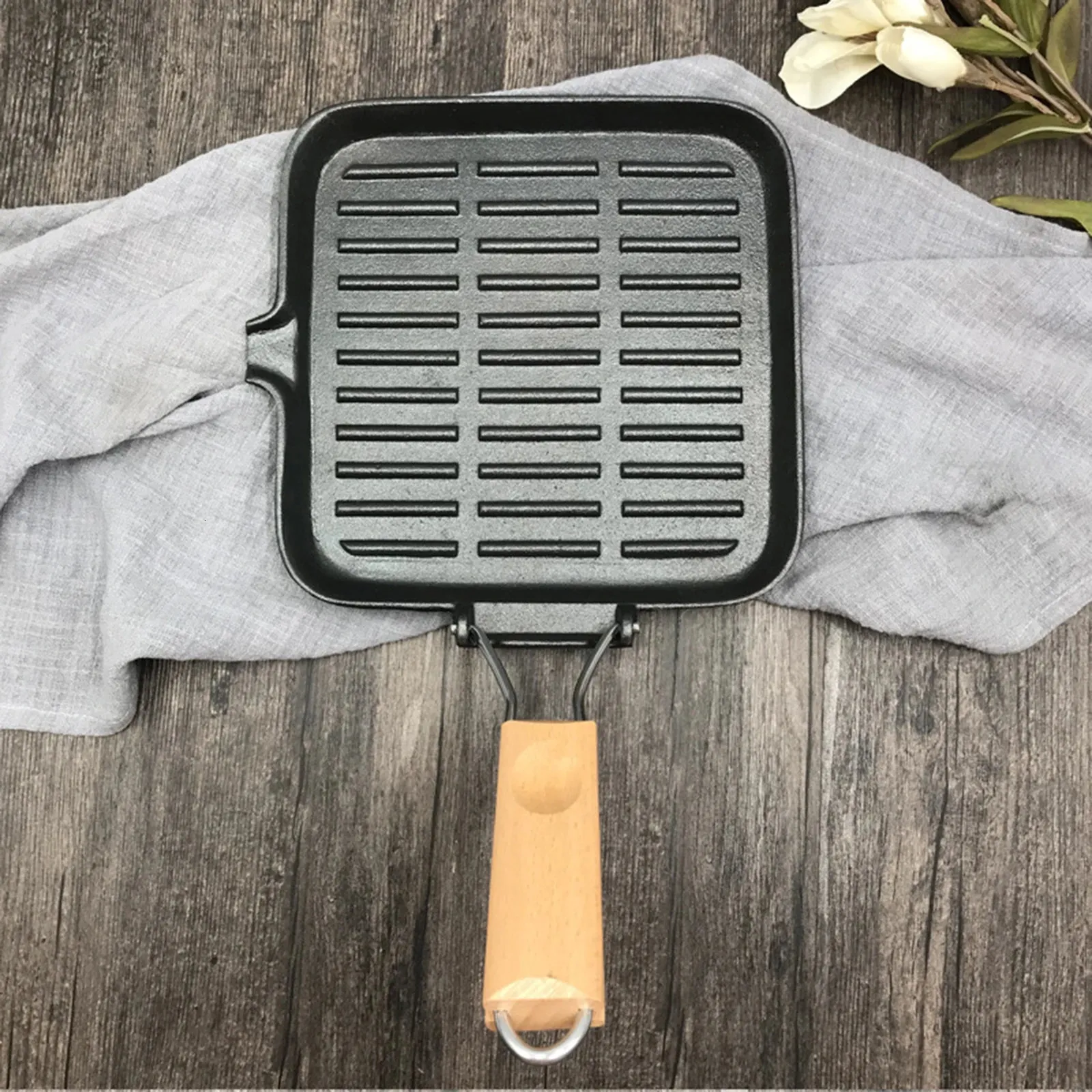 22cm Cast Iron Steak Camping Griddle Frying Pan BBQ Non-stick Easy Clean Kitchen Cookware Supplies Foldable Skillet Pan Picnic