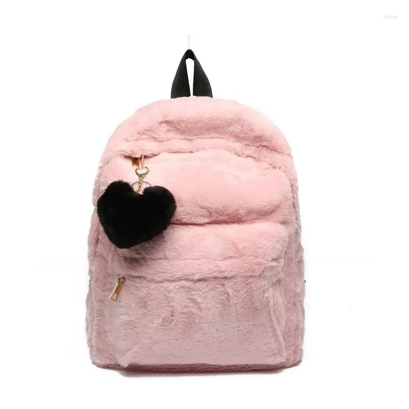 Sacs d'école mignon solide fausse fourrure sac à dos coeur pendentif hiver doux femme grande peluche rose noir blanc sac à dos Mochila