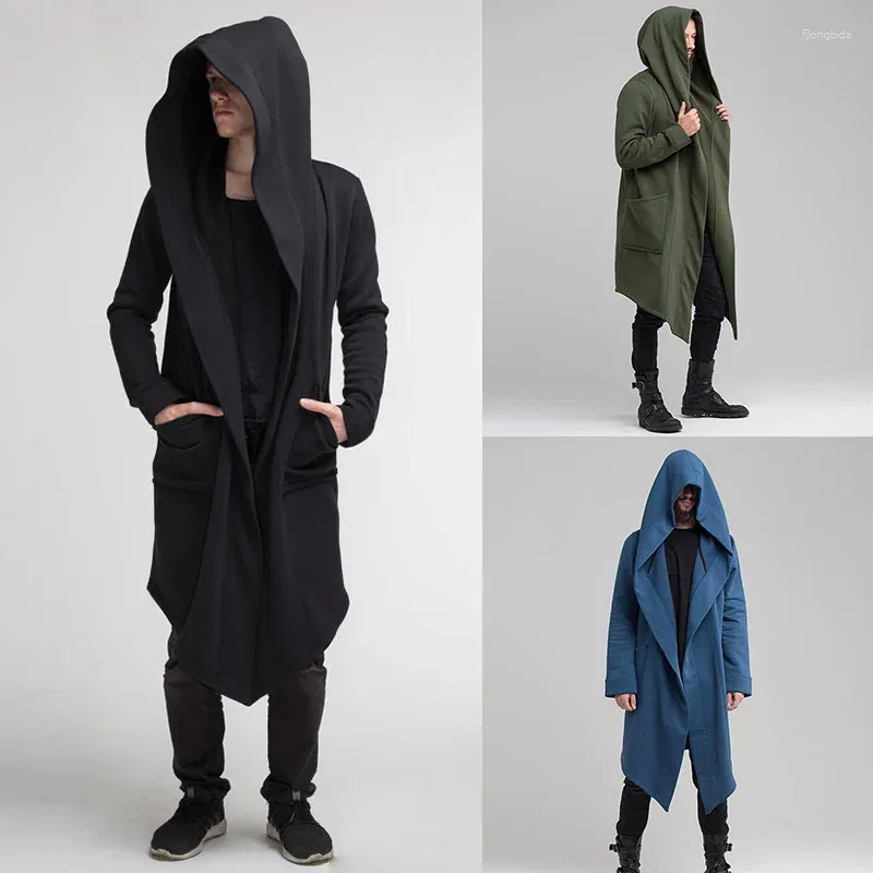 Trench da uomo autunno mantello solido cardigan cappotto lungo con cappuccio 2024 manica abbigliamento maschile moda streetwear gotico