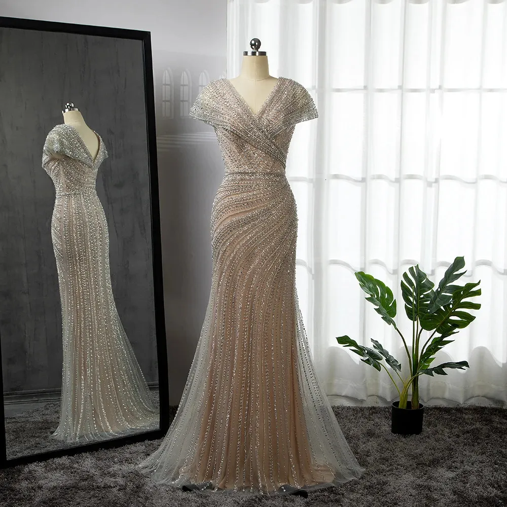 Serene Hill Silver V-Eeck Mermaid Elegant Evening Dresses Gowns Beaded Luxury Sparkle For Women Party LA71686 240116