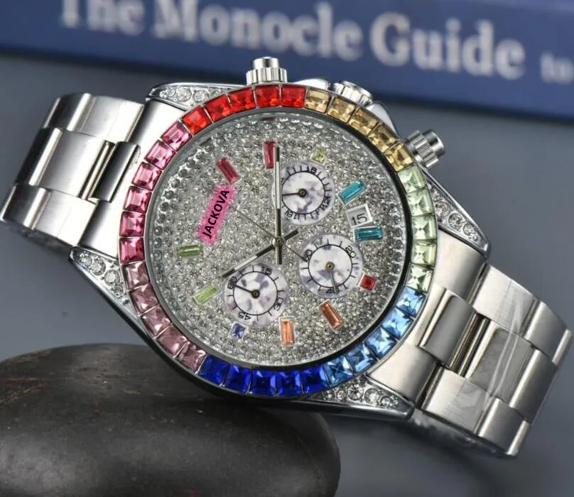 Diamants colorés bague ciel cadran étoilé montre de luxe jour date heure hommes montres femmes mouvement à quartz entièrement fonctionnel tout le crime super chronomètre montre-bracelet cadeaux