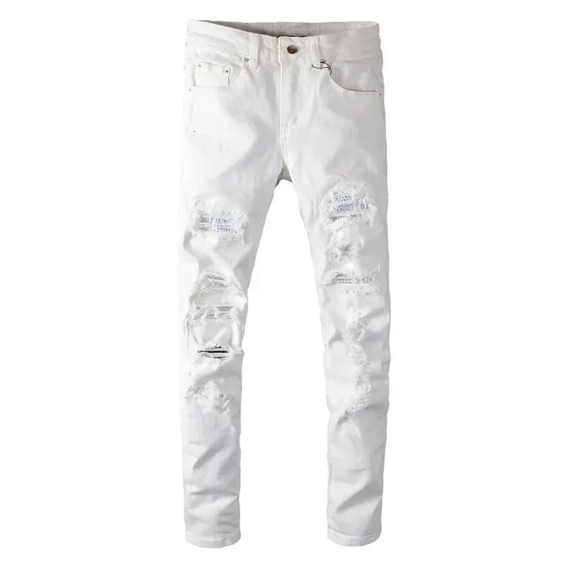 Sokotoo Calça jeans masculina rasgada com buracos de cristal branco fashion slim skinny stretch calça jeans 240116