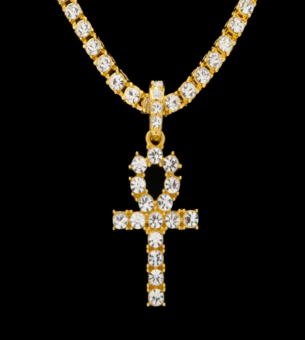 New Arrival Egyptian Ankh Key Of Life Pendant Necklace GoldSilver Color With Bling Rhinestones Fashion Vintage Hip hop Jewelry2102507