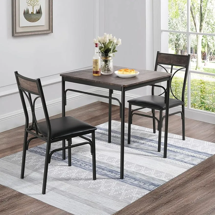 VECELO 3-Piece Kitchen Room Chairs Set for Home, Dinette, Breakfast Nook, Farmhouse, Small Space, Dining Table for 2, Brown