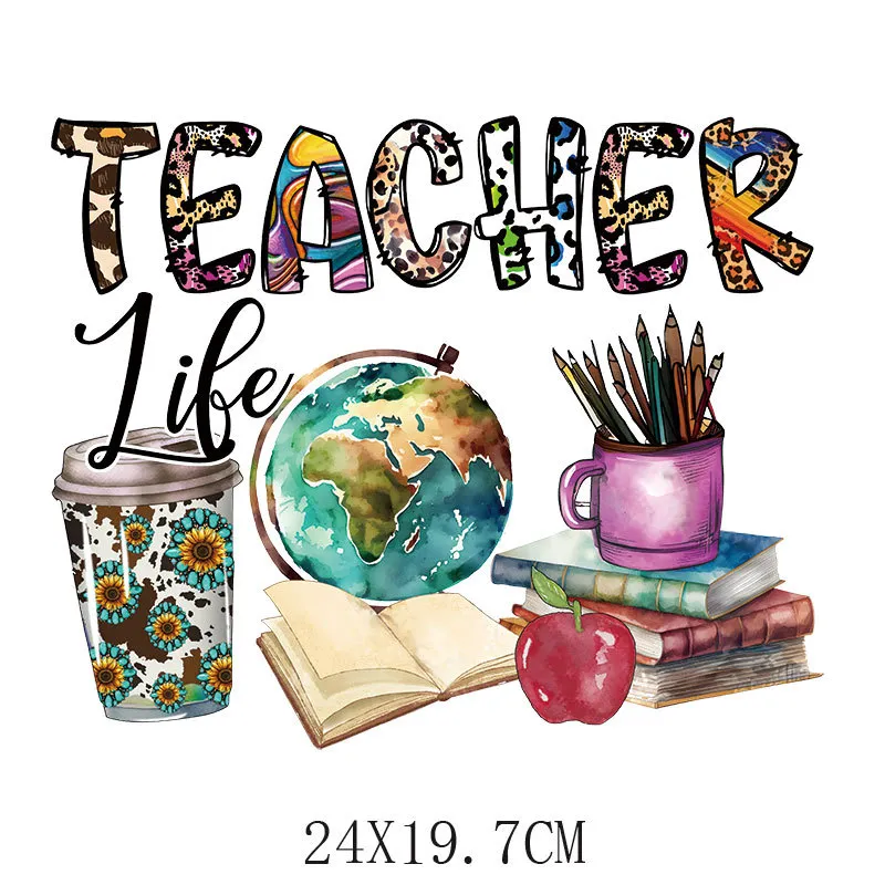 Teacher Iron on Transfer for T-Shirt Iron on Heat Transfer Stickers Patches  Decals Apples Pencils Books Rainbow Beautiful Design Clothing DIY Craft