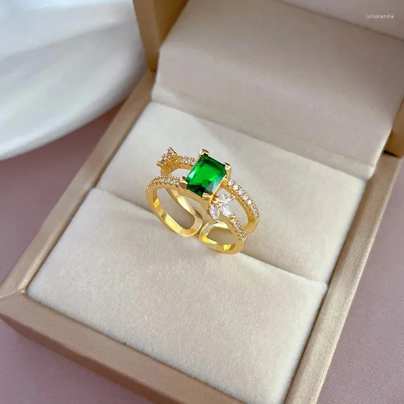 Cluster Rings 1pcs Double Layer Cubic Zircon For Women Open Gold Color Green Crystal Leaf Finger Ring Boho Jewelry Valentines Day Gift