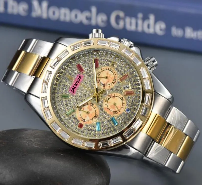 Popular anel de diamantes coloridos céu estrelado mostrador relógios masculino bateria de quartzo cronógrafo completo funcional cronômetro analógico casual automático dia data relógio montre de luxe