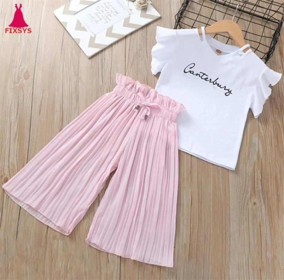 Summer Girls Clothing Set Kids Tshirt Wide Leg Pants Passar Children Kort ärm Baby Girl kläder 5 6 7 8 9 10 12 år 2103166075815