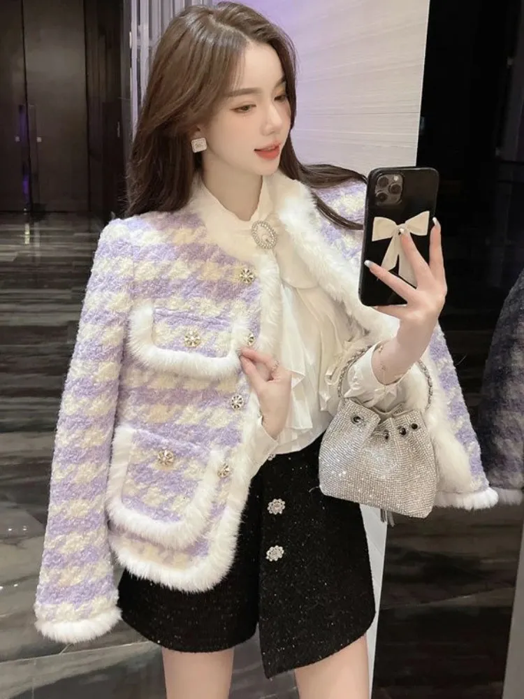 Womens Cotton Short Coat Style Overshirt Thickened Jacket Autumn Winter Clothes Imitation Mink Fur Checkered Suit 240116
