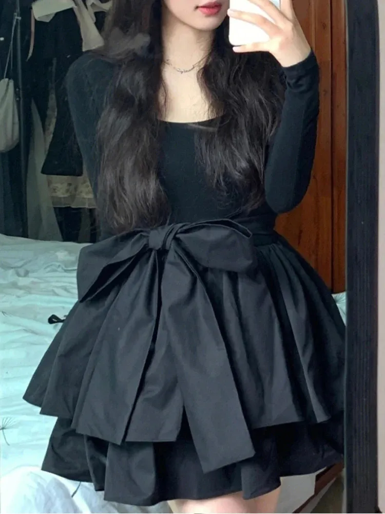 Summer Black Short Dresses Women Elegant Bow Long Sleeve Mini Dress Korean Fashion Slim Chic High Street Ruffles Dress Vestidos 240117