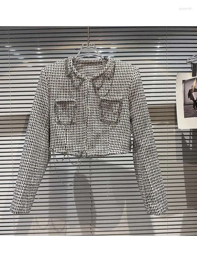 Jaquetas femininas high street est 2024 moda designer jaqueta metal corrente bolso mil pássaro xadrez tweed curto