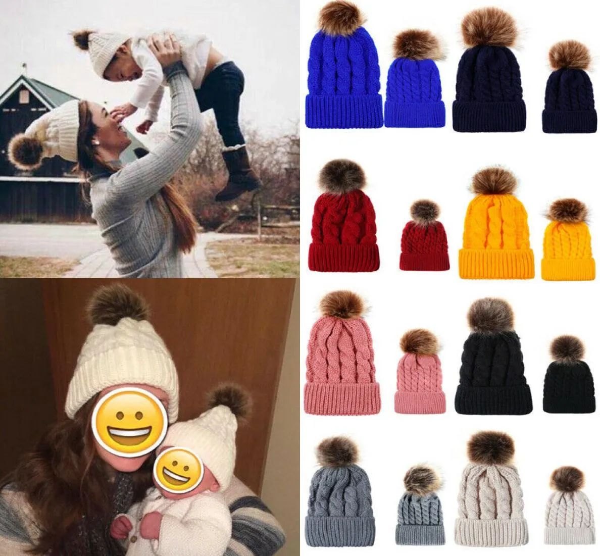 Kadın Bebek Çocuk 2 PCS Sıcak Kış Şapkası Örgü Yün Beanie Kürk Pom Bobble Tığ işi