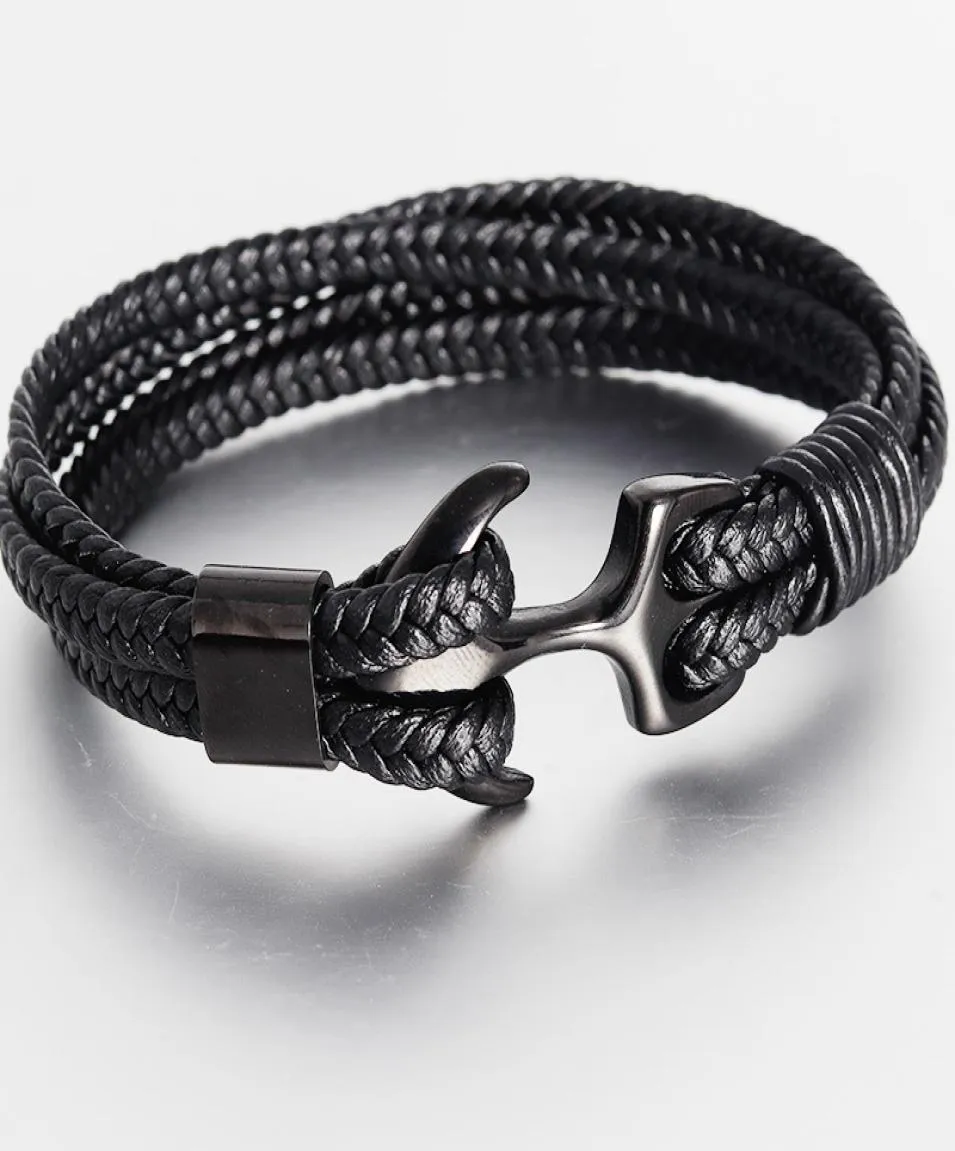 Bracelet d'ancre noir punk tendance, chaîne de corde en cuir faite à la main pour hommes 039s, crochet de sport en métal, bijoux cadeaux 1385517