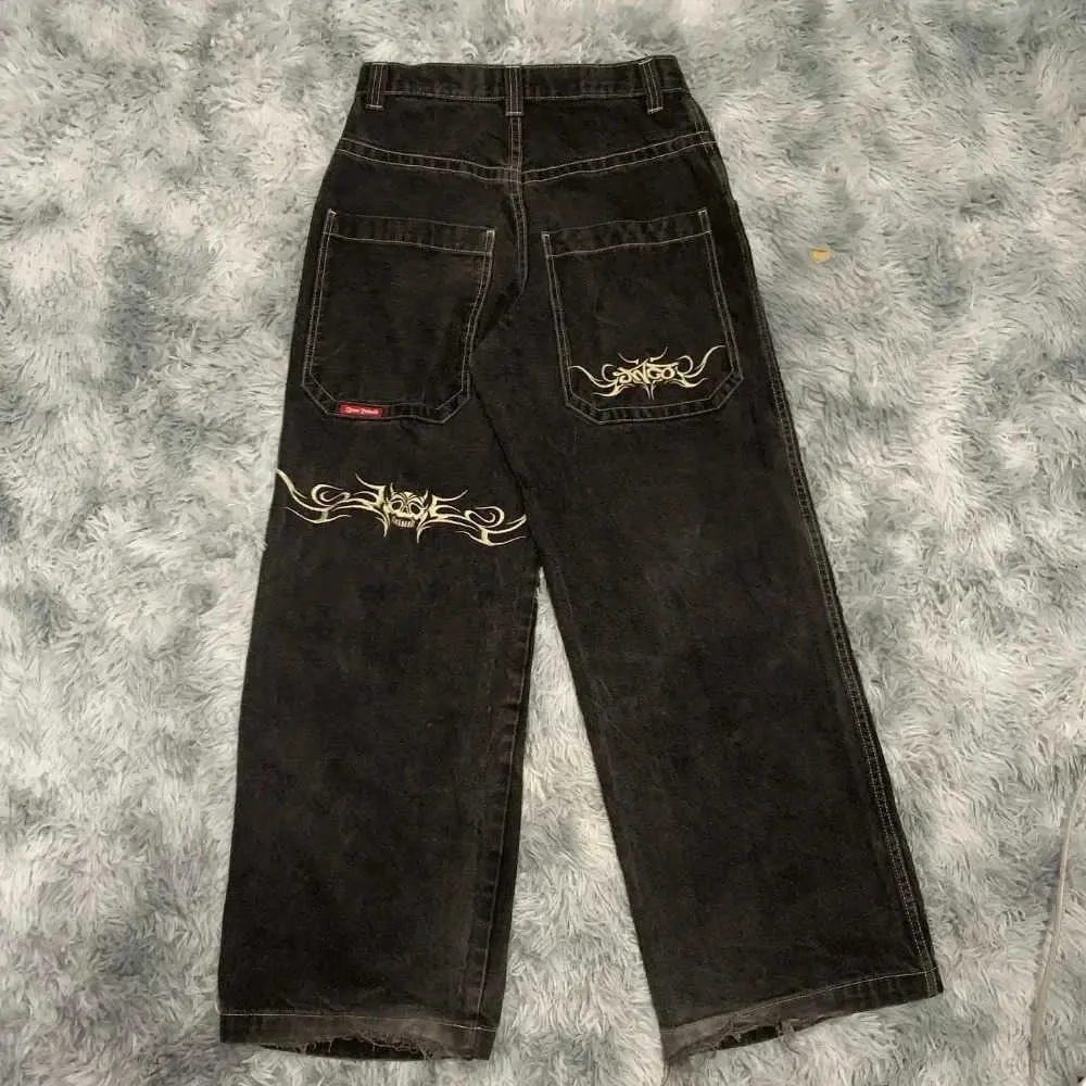 Jeans da uomo New Harajuku JNCO Jeans Y2K Hip Hop Retro grafica ricamata Jeans larghi Pantaloni neri Uomo Donna Pantaloni larghi a vita alta gotici T240117