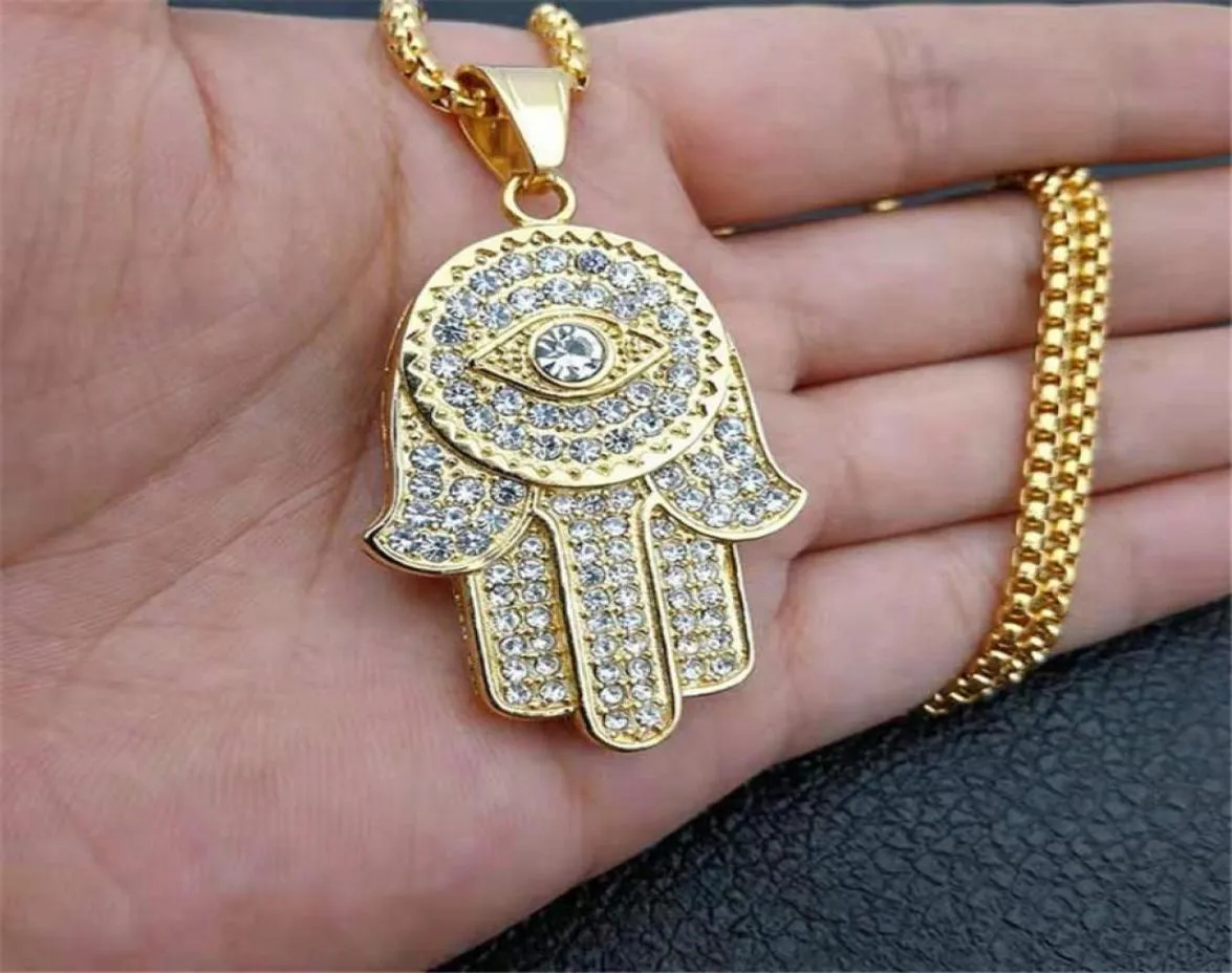 NEU BLING Trendy Gold Hamsa Hand der Fatima -Anhänger Halskette für Frauen Männer Mode türkischer Schmuck Tropfen Whole6559057