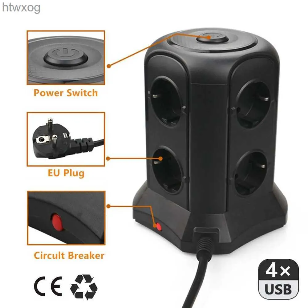 Plugue do cabo de alimentação TESSAN Desktop Multi Plug Power Strip com interruptor 6 tomadas UE 4 portas de carregamento USB Tomada de torre vertical preta para casa / escritório YQ240117