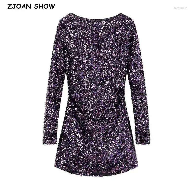 Casual Dresses Sexig Bright Purple paljetter Lång ärm Ruched Backless Mini Dress Folds Slim Midje Package Hips Party Robe