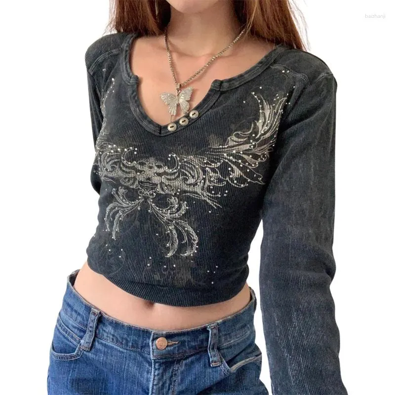 Damskie bluzki kobiety graficzne koszulki swobodne przyciski w szyku w szyku długie rękawy przycięte topy bluzka bluzka