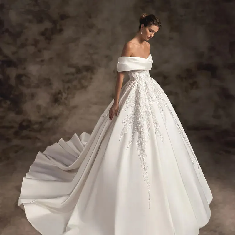 Robe de princesse de mariage exquise, épaules dénudées, perles, paillettes, fermeture éclair au dos, robe de bal de mariée, YD