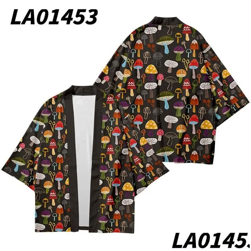 Этническая одежда с грибным принтом, пляжная мода, японское кимоно 2023, большие размеры 5Xl 6Xl, халат, кардиган, мужские рубашки, юката хаори, женские Drop Dhysk