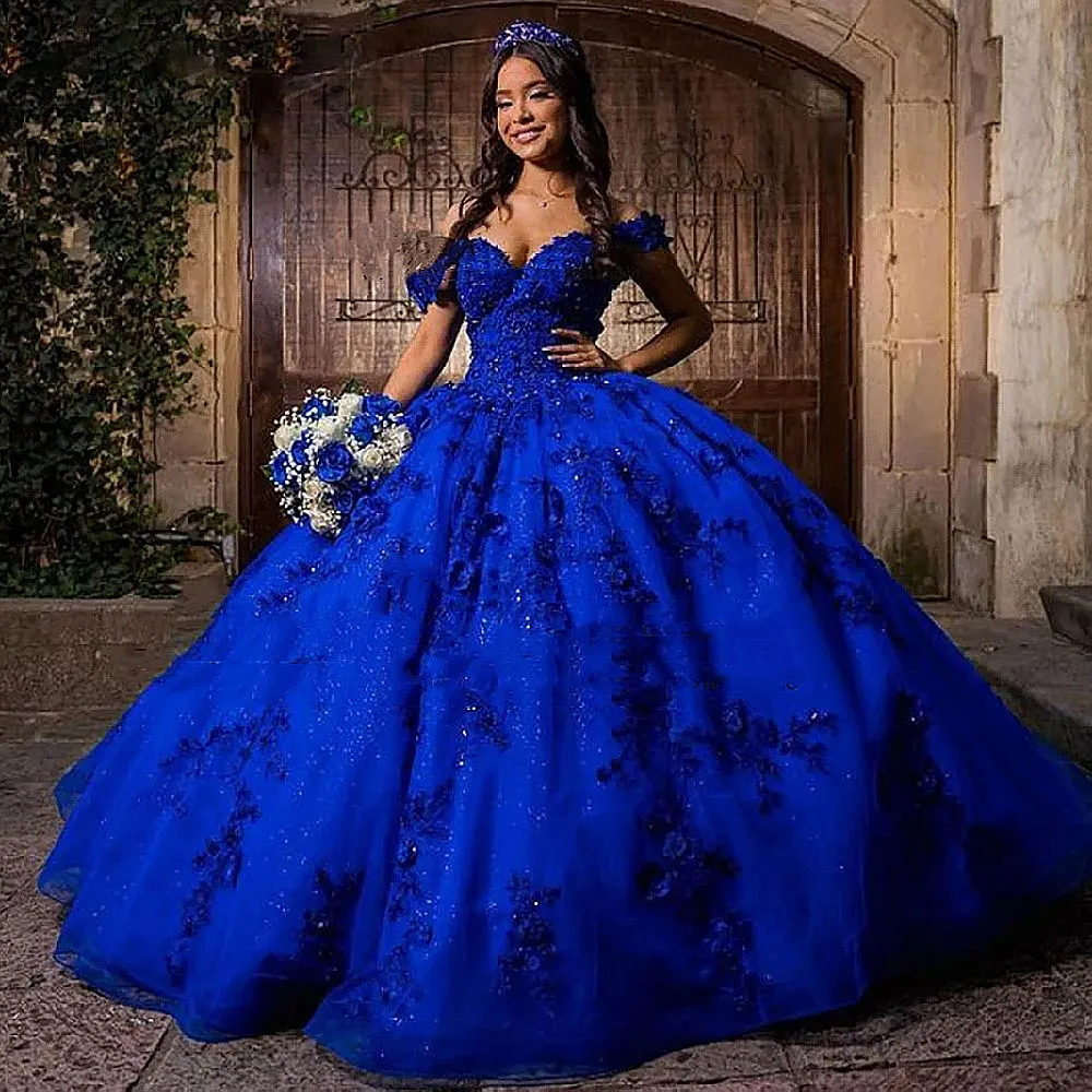 2024 Blue Royal Sexy Quinceanera Robes de l'épaule Appliques de dentelle à paillettes Perles cristallines Sequins Sweet 16 Vestidos de robe de 15 Robes de fête de bal 403