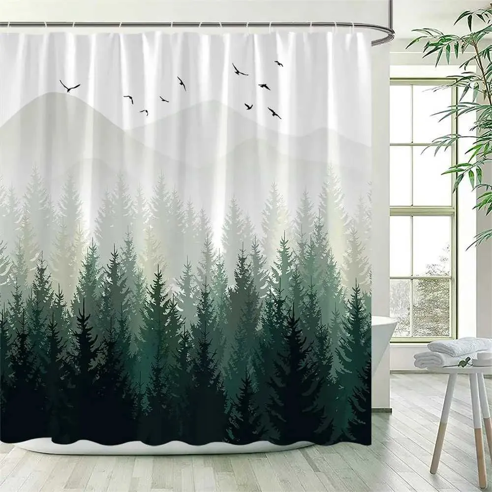 Cortinas de chuveiro enevoadas Foresthower Curtainsun Mountain Pine Trees Arte Abstrata Outono Cortina de banho Tecido de poliéster Decoração de banheiro com