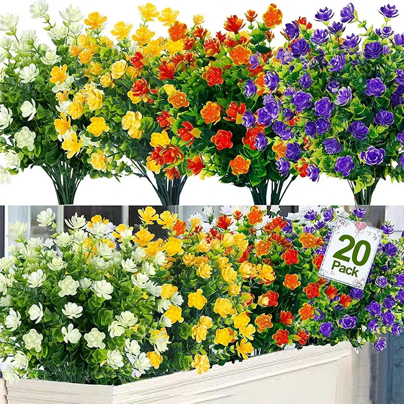 꽃 식물 20 번들 인공 야외 장식 UV 저항성 플라스틱 외부 인조 홈 장식 240117