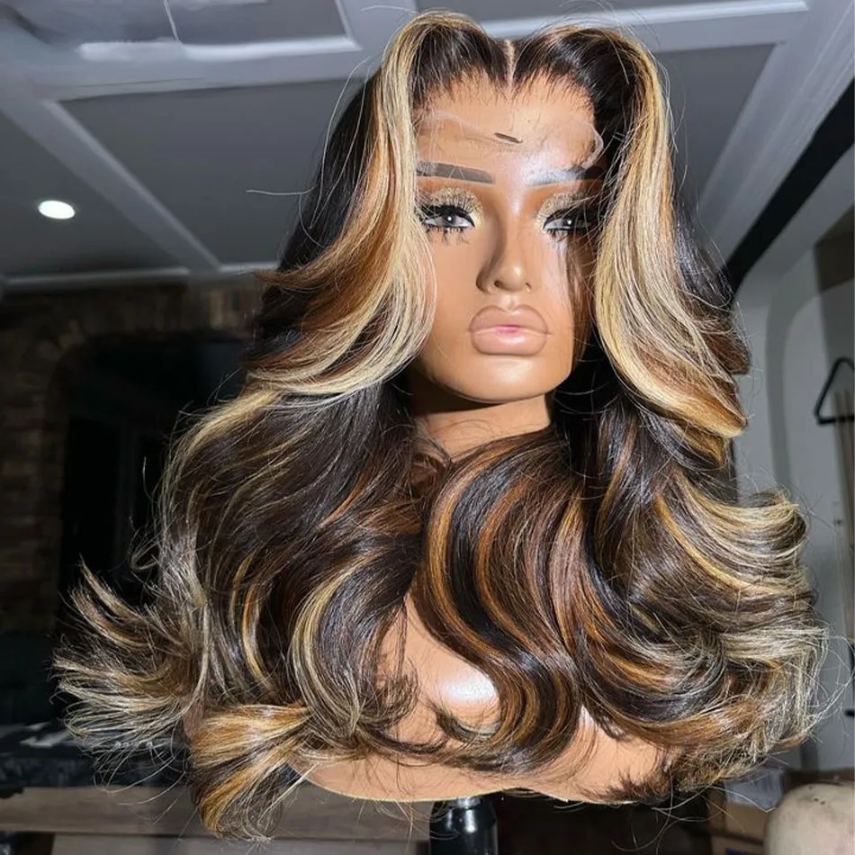 Perruque Lace Front Wig Body Wave transparente colorée à reflets blond miel, perruque de cheveux humains avec fermeture en dentelle, perruque synthétique sans colle pré-épilée pour femmes noires