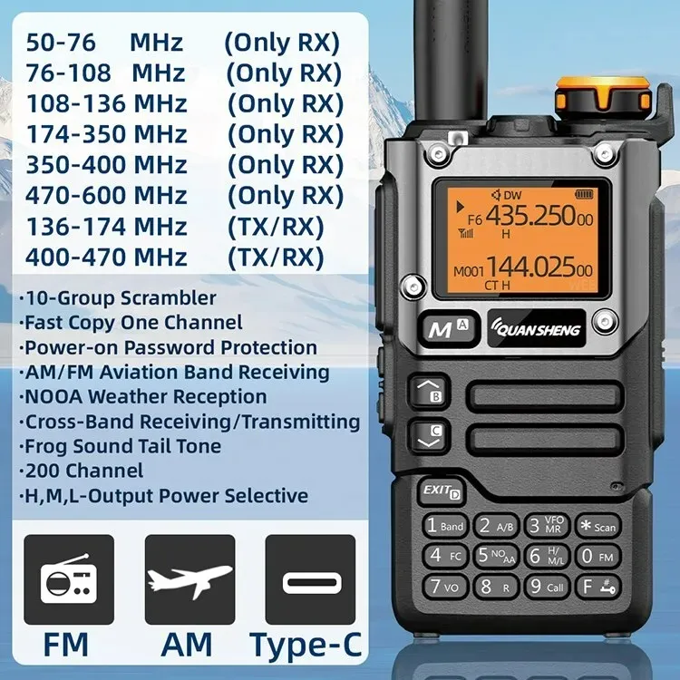 Quansheng UV-K5 walkie talkie 5w banda de ar rádio em dois sentidos uhf vhf dtmf fm scrambler noaa cópia freqüência sem fio rádio presunto