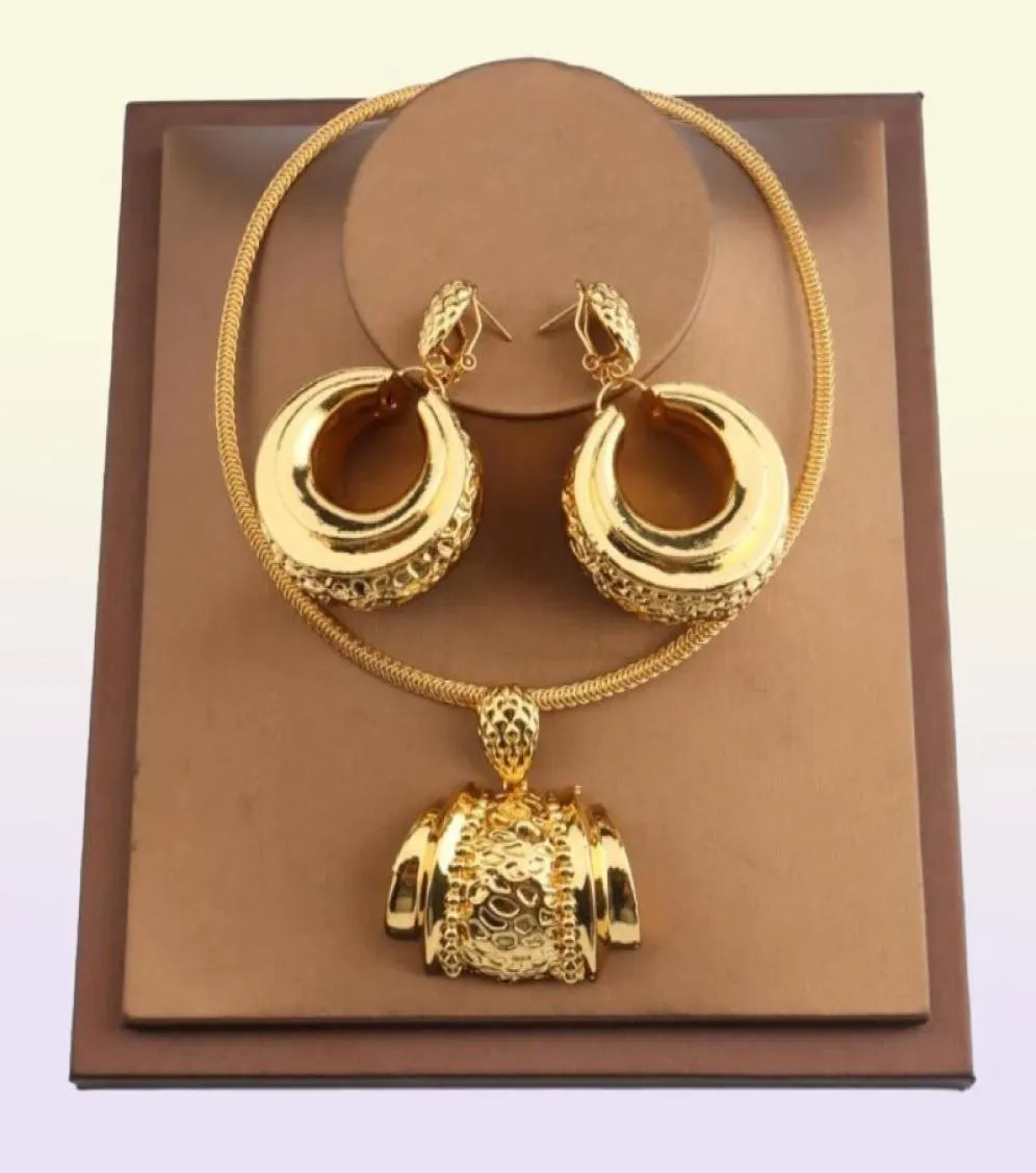 Örhängen halsband afrikanska smycken set för kvinnor mode dubai bröllop hänge brud design guld pläterad nigeriansk tillbehör74821804772495