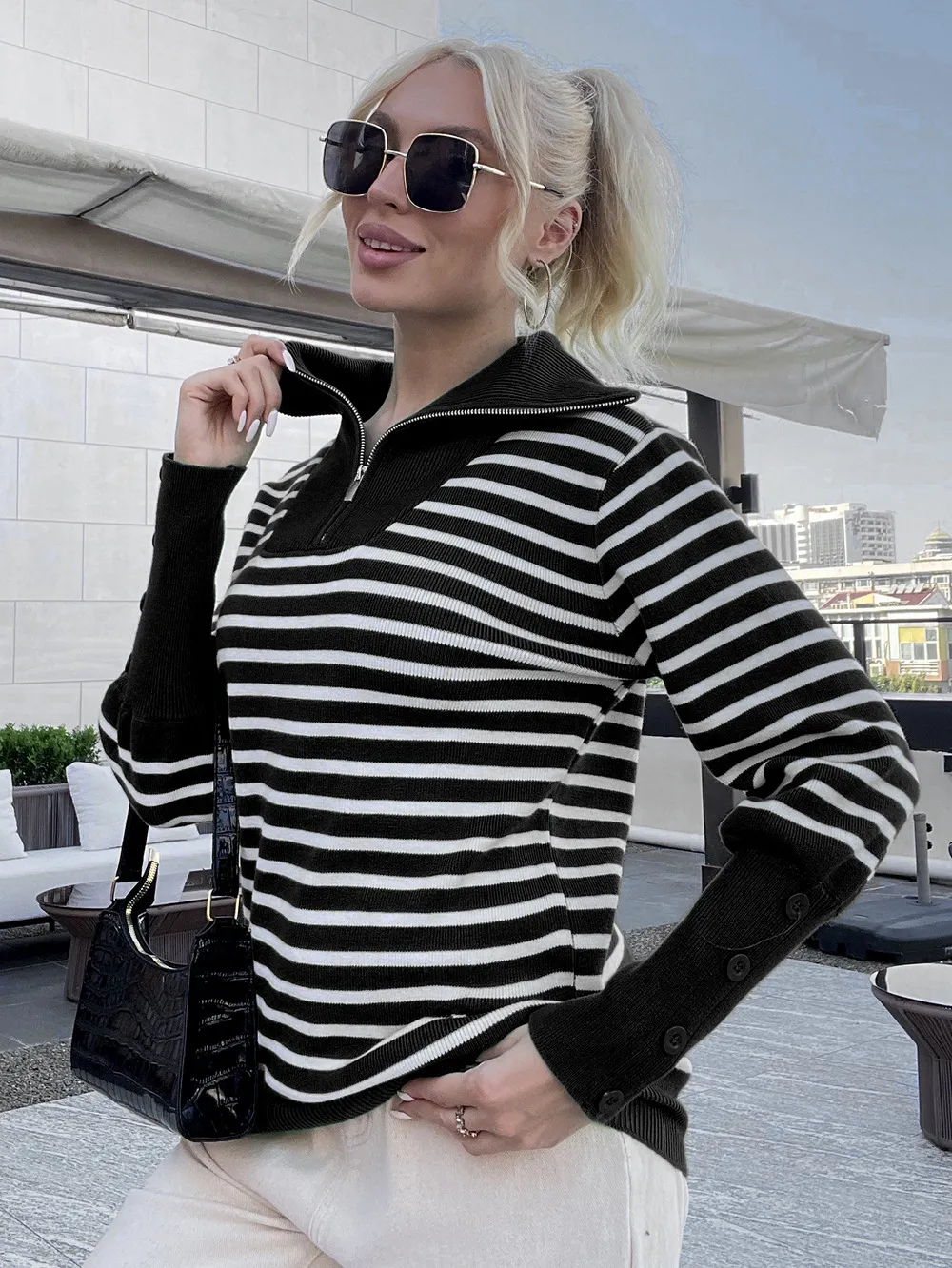 Women`s Sweaters 2023 Striped Women`s Zip Half Open Neck Long Sleeve Sweater Fall Winter Sweater Pullover Top