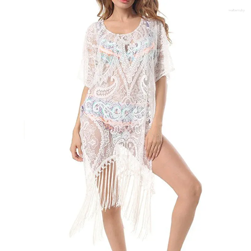 Damenbadebekleidung Pareo Frauen Strand Cover Up Stickerei Quaste Bikinis 2024 Sexy Spitze Sommer Hohe Split Kleid Weibliche Badeanzug Beachwear