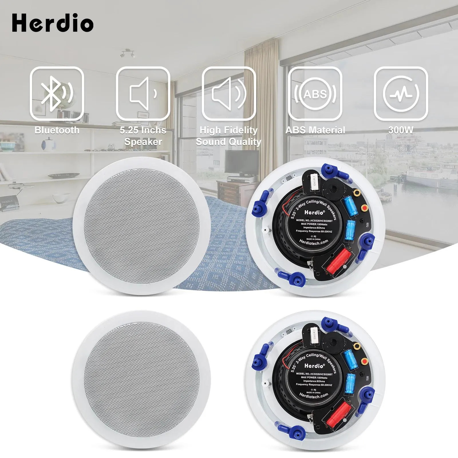 Głośniki Herdio 4PCS Wall Home Wal w głośnikach sufitowych Fullrenge 5.25 "Bluetooth głośniki stereo