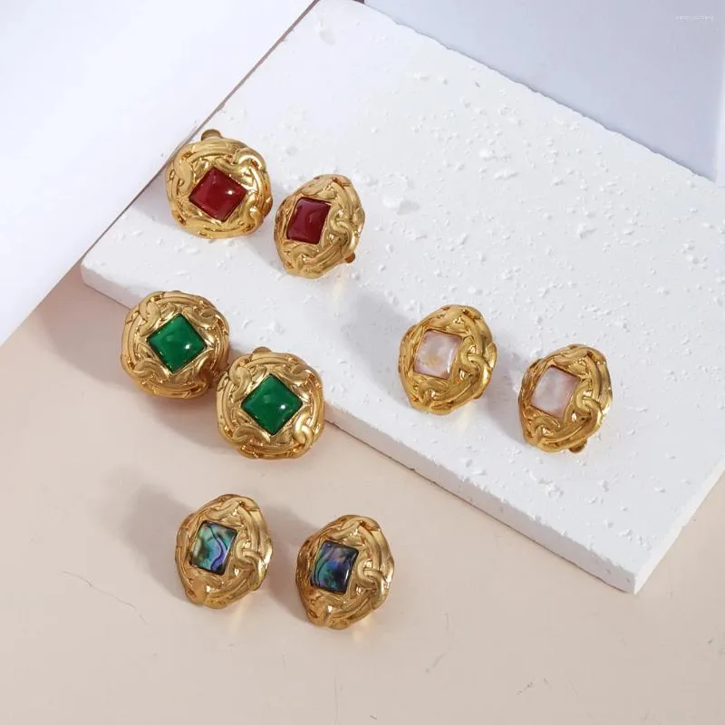 Stud Earrings Agate Stone Beads Real Gold Plated Floral Studs Ear Clip For Women