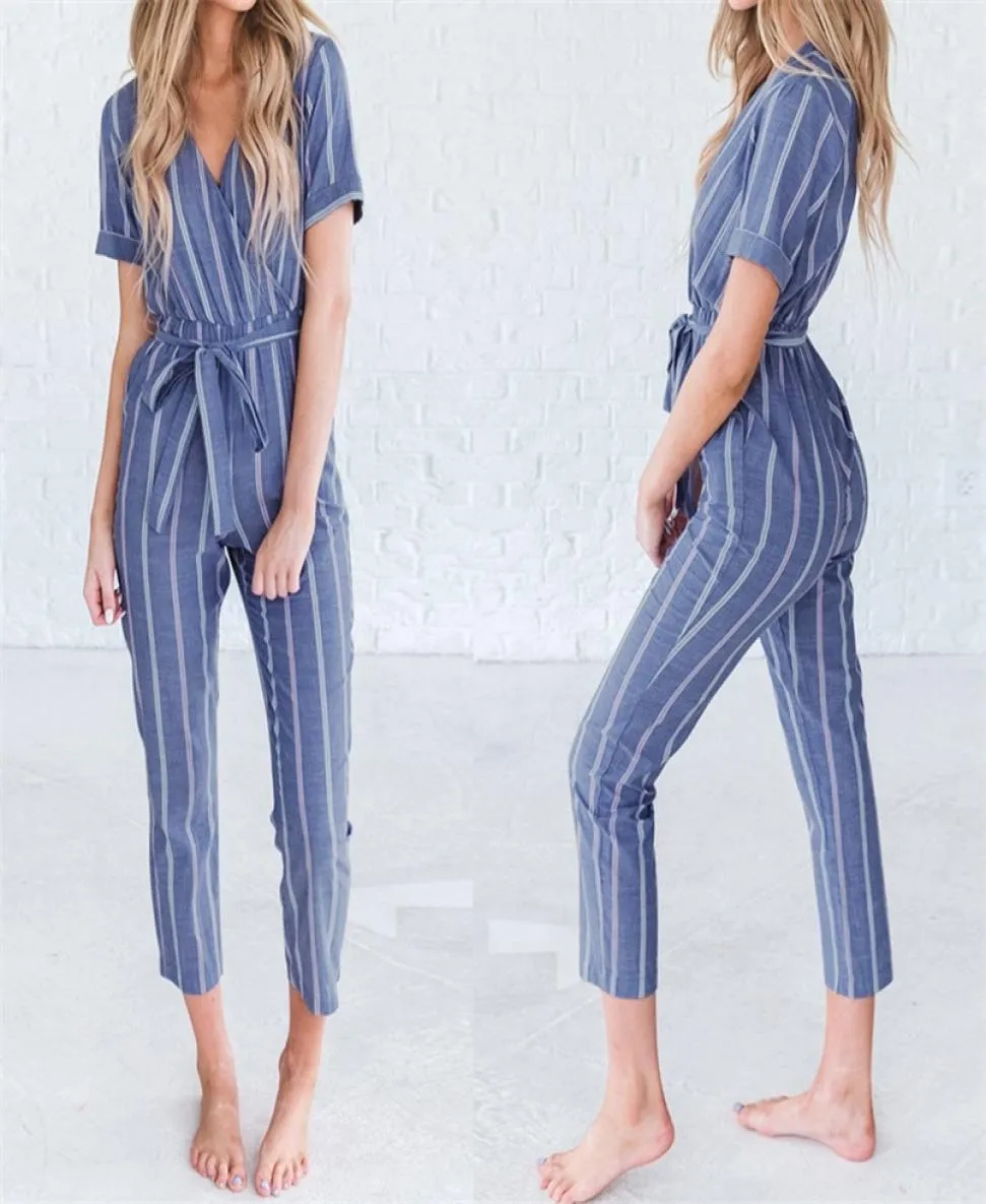 Zanzea Women Casual Rompers Belt Ladies Striped Jumpsuits Female V Neck Playsuits Pant Elegant Work Overalls Plus Size Pantalon J15834574