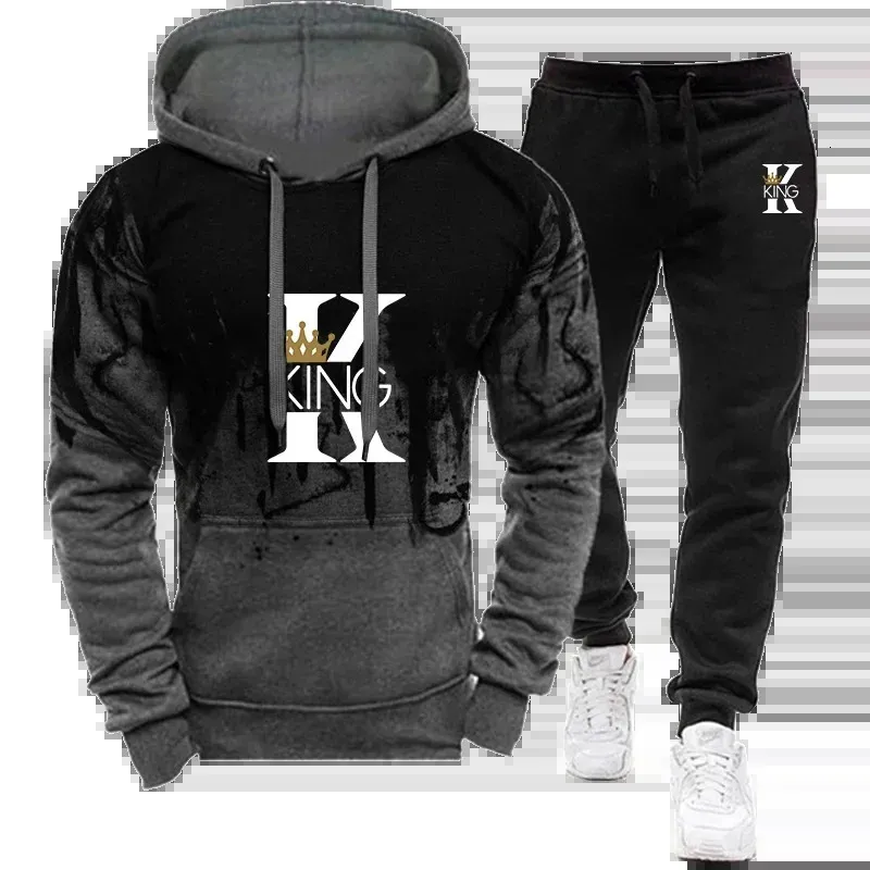 Men's Sets Splash Ink Sweatshirt and Sweatpants Two Piece Outfits Autumn Spring King Printed Streetwear Male Tracksuit S-4XL 240117