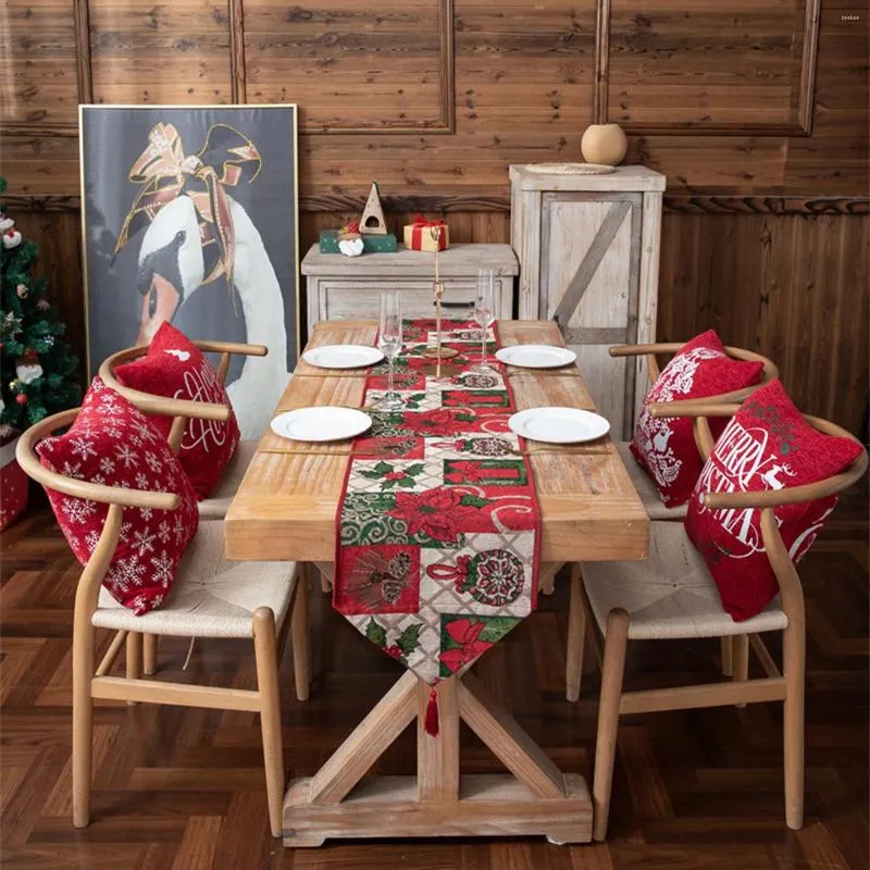 Tapetes de mesa Borde de hilo teñido Jacquard Poliéster Algodón Flor de Navidad Bandera Bedtail Cargadores tejidos para platos de cena