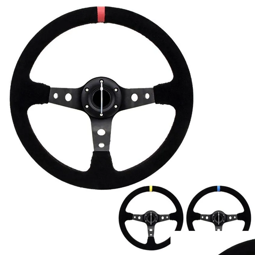 Car Steering Wheel Universal 14 Inch 350Mm Suede/Pvc Accessories Racing Wheels Deep Corn Drifting Sport Auto Turn With Logo Cars Modif Dhahc