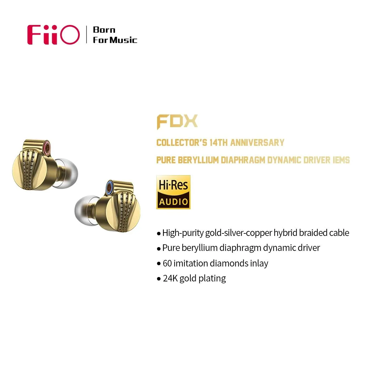 Écouteurs FiiO FDX 24K or écouteurs intra-auriculaires diaphragme en béryllium pur 1DD câble tressé de haute pureté embauche Audio certifié