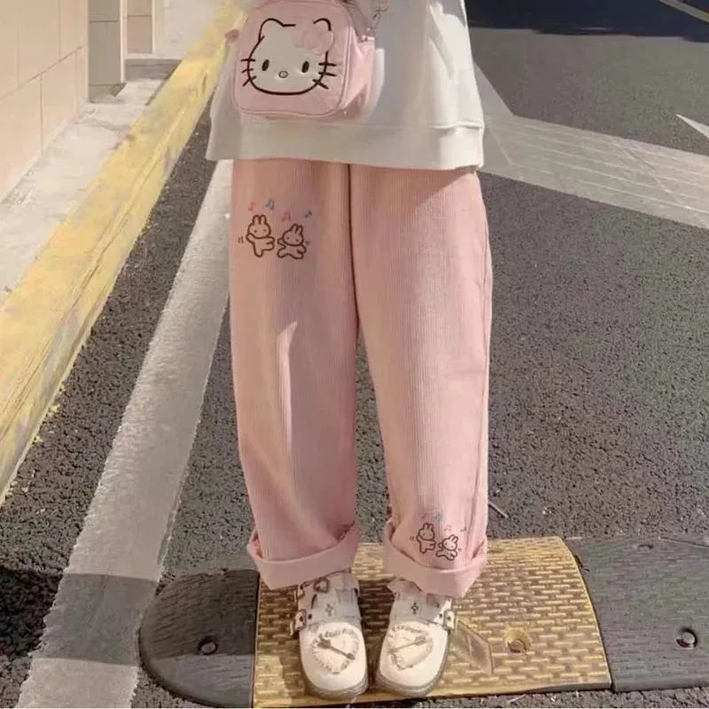 Capris Kawaii Harajuku Lolita Anime Spodnie Kobiety miękkie różowe spodnie swobodne luźne spodnie na nogach proste spodnie przycięte koreańskie spodnie