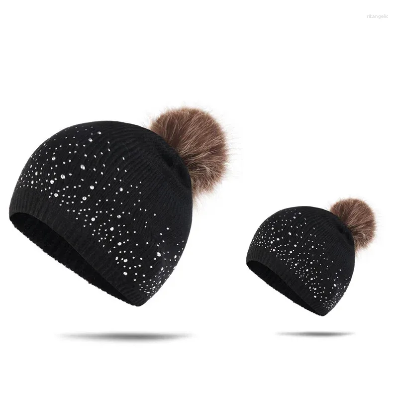 Berretti Genitore-Bambino Inverno Caldo Cappello Lavorato a Maglia Cofano Sport Antivento Skullies Berretti Bambino Adulto Palla di Pelo Punta Berretto da Trapano Zucchetto W16