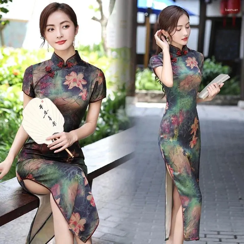 Ethnische Kleidung Sommer Lange Cheongsam Vintage Qipao Seide Mode Tägliche Frauen Kleid Schlanke Party Kostüm Kleider