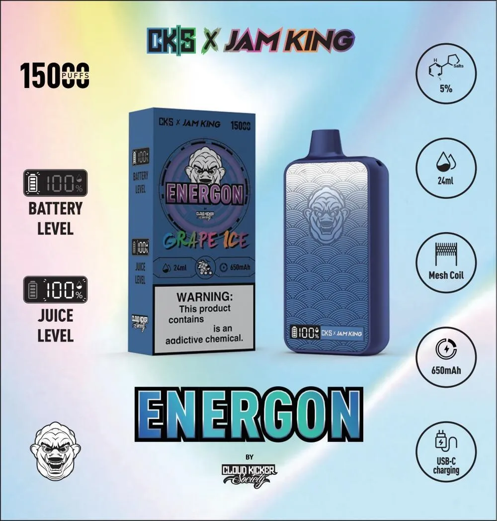 Original Jam King vape CKS ENERGON 15000 bouffée stylo vape E Cigarette vente en gros vape jetable 24 ml prérempli USB-C charge E affichage de l'écran de puissance liquide 2% 3% 5% 650mah