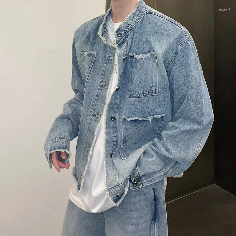 Herrjackor avslappnad tvättad denim jacka streetwear rippad stativ krage textur koreansk hajuku retro långärmad lyxrock