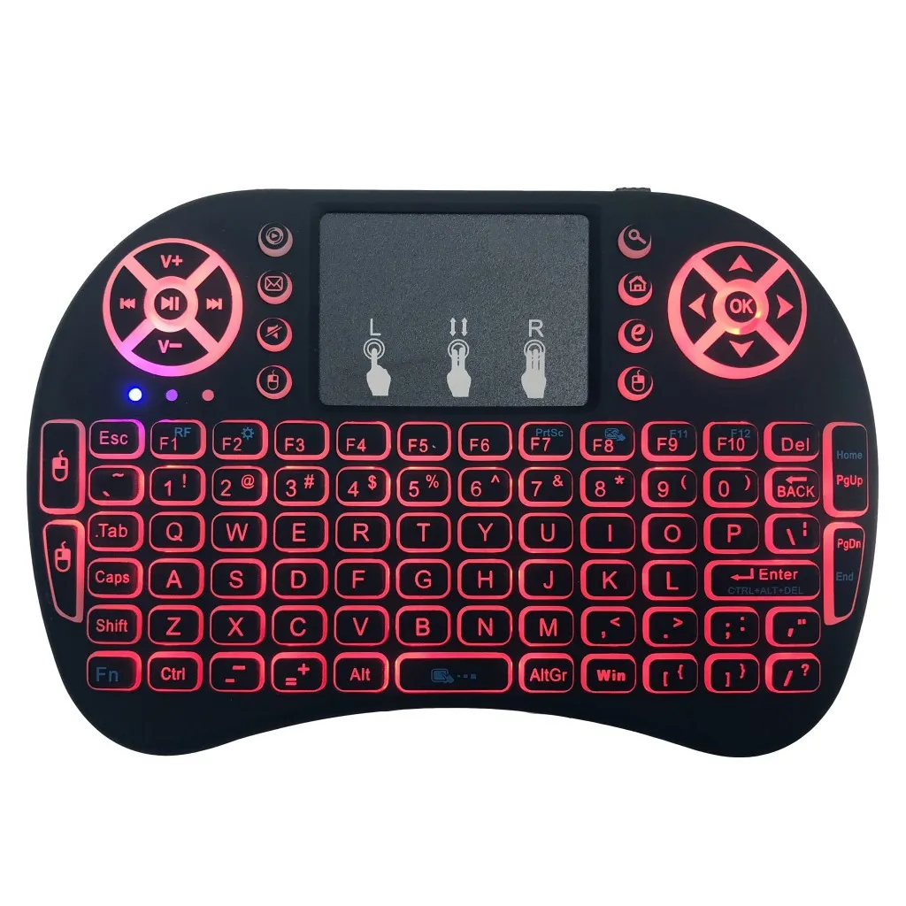 Mini clavier sans fil I8, 2.4 ghz, souris volante, batterie sèche au lithium, rétroéclairage tricolore, lampe de course, vente en gros