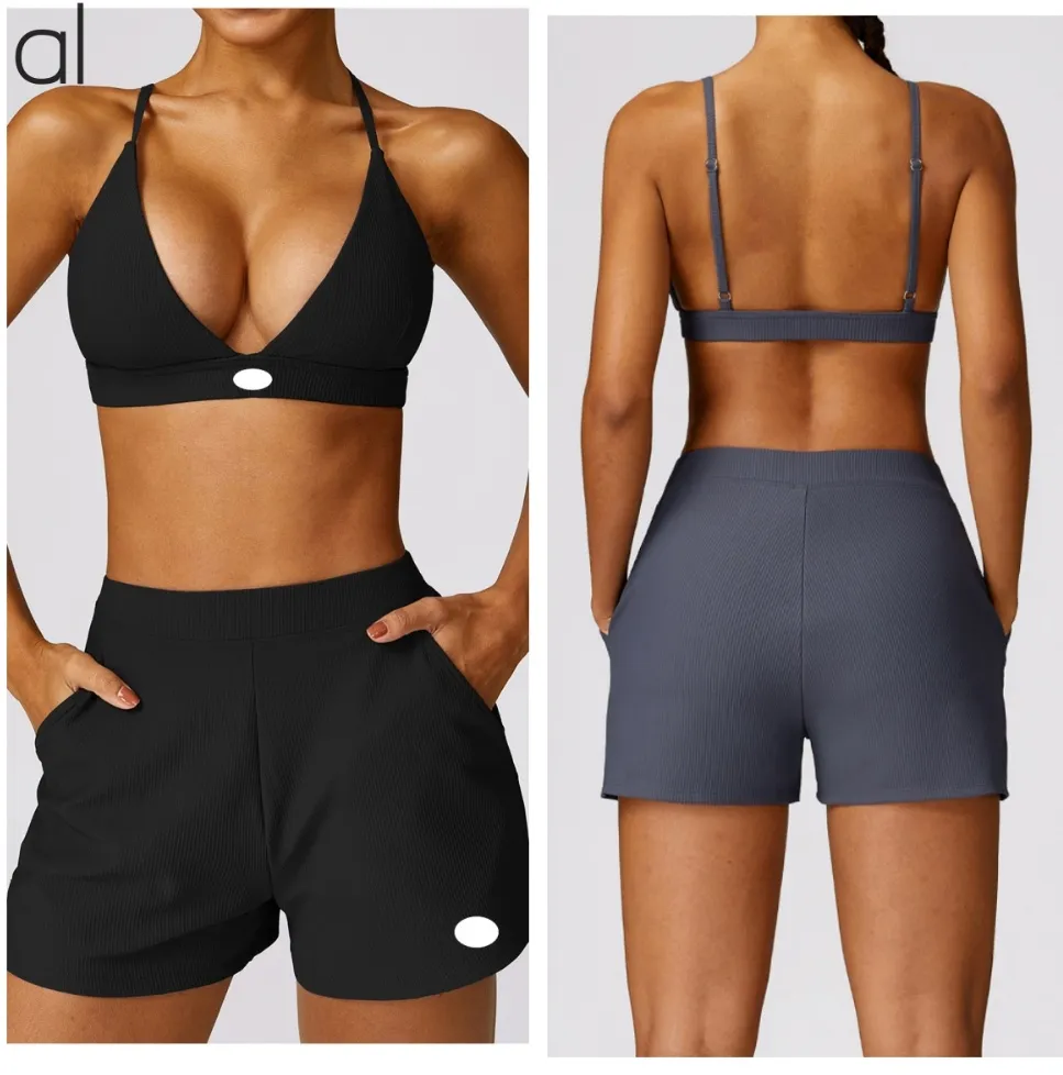 AL-0056 Fitness Suit Female Sexy Wearing Tight Sports Bra Threaded Joker Quick-Drying Yoga Running Fitness Shorts Set