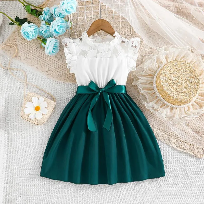 Vestidos de menina 2024 verão chegada meninas sem mangas rendas faixas verde designer bonito festa vestido de princesa custume 4-7t